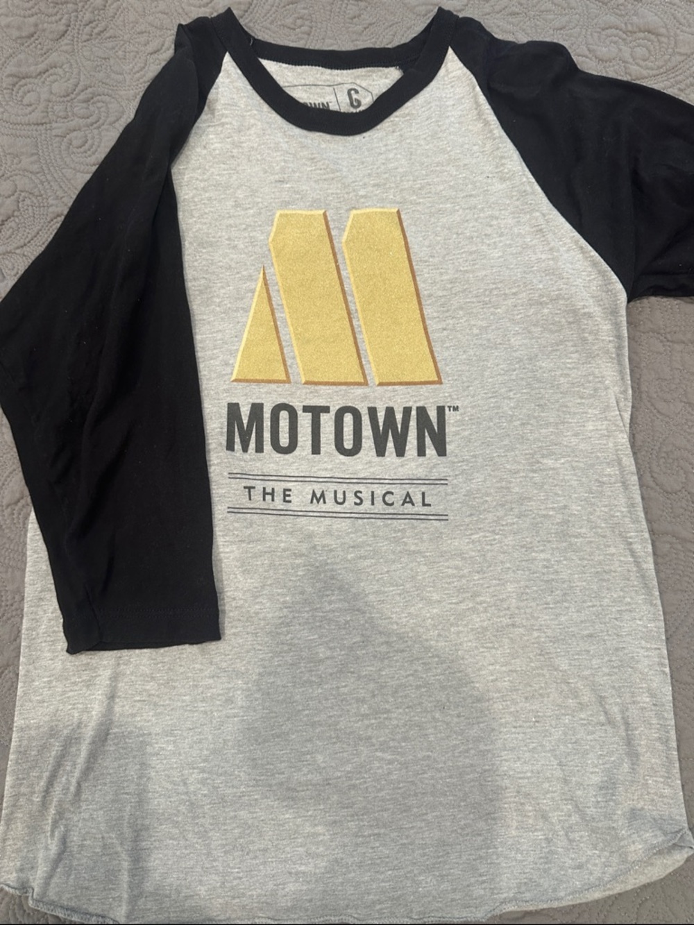 Creative Memories Motown The Musical Raglan Tee in Gray, Black & Gold